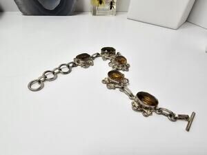 Vintage 925 Sterling Silver & Orange Stone Handmade Bracelet 7 - 8 " Long